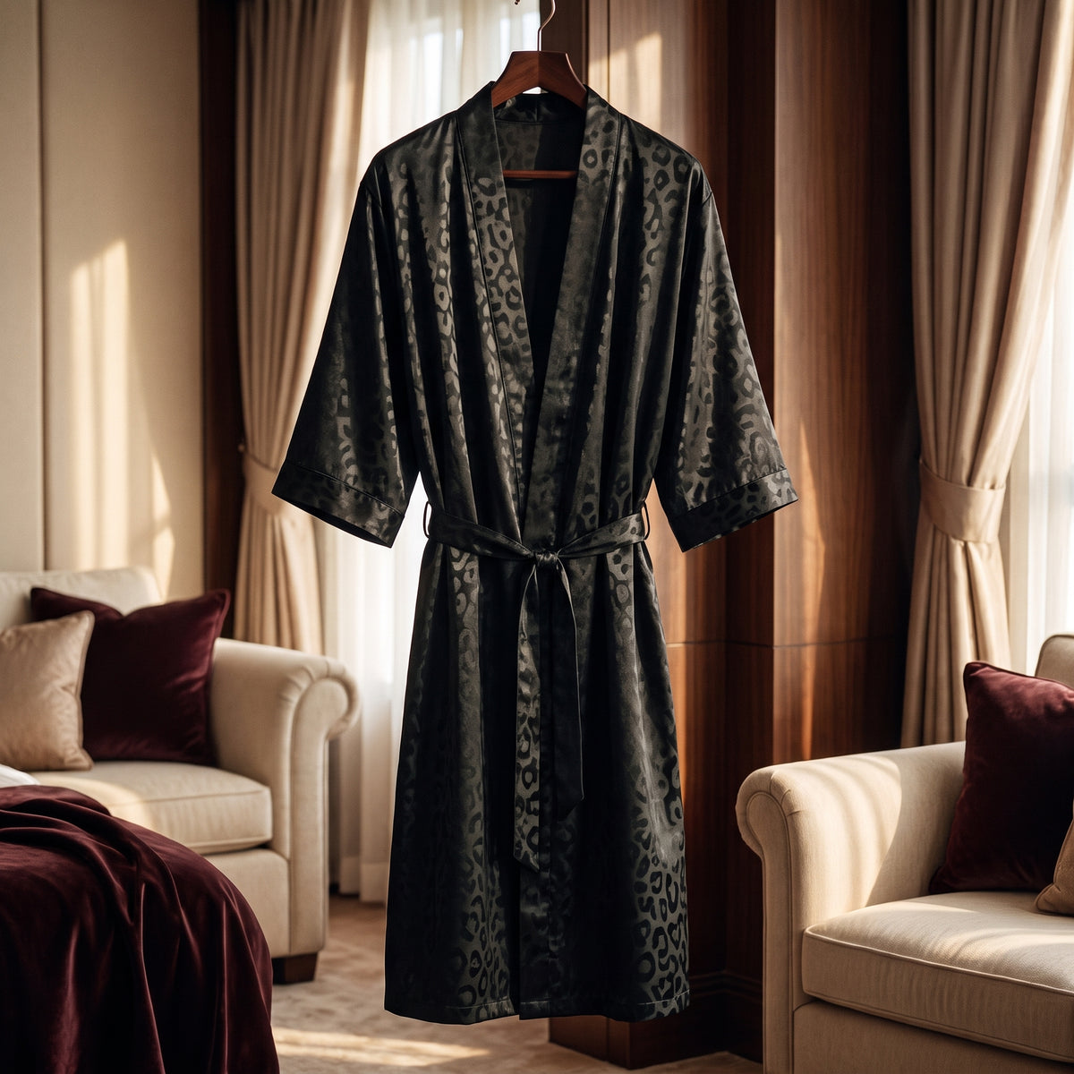 Robe de chambre homme vert sombre suspendue dans une chambre élégante