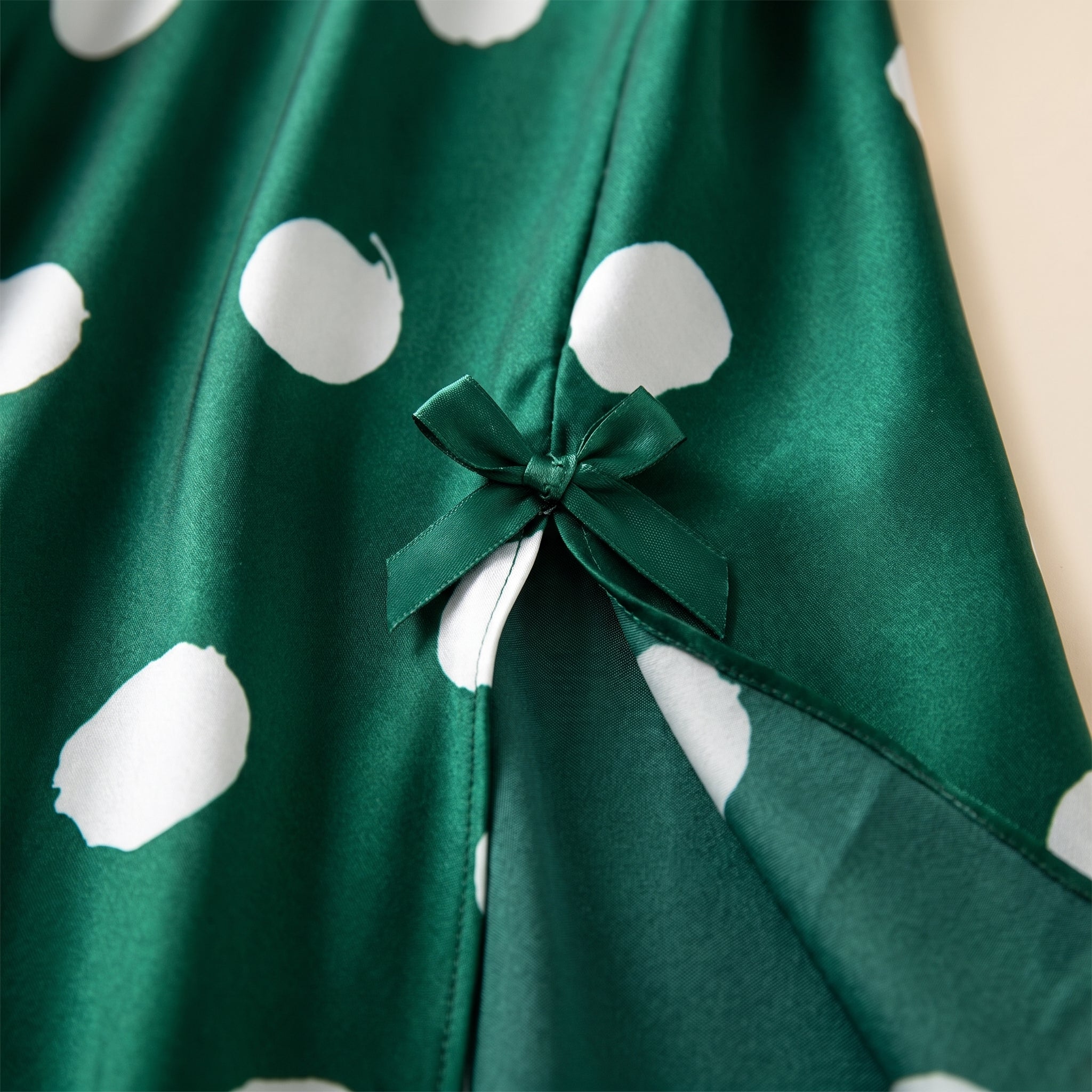 Gros plan sur le petit nœud et la fente latérale de la robe de nuit verte à pois Image