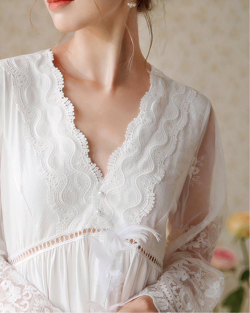 Nuisette longue vintage en coton et dentelle