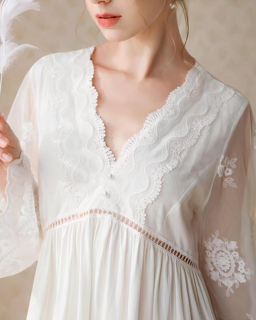 Nuisette longue vintage en coton et dentelle