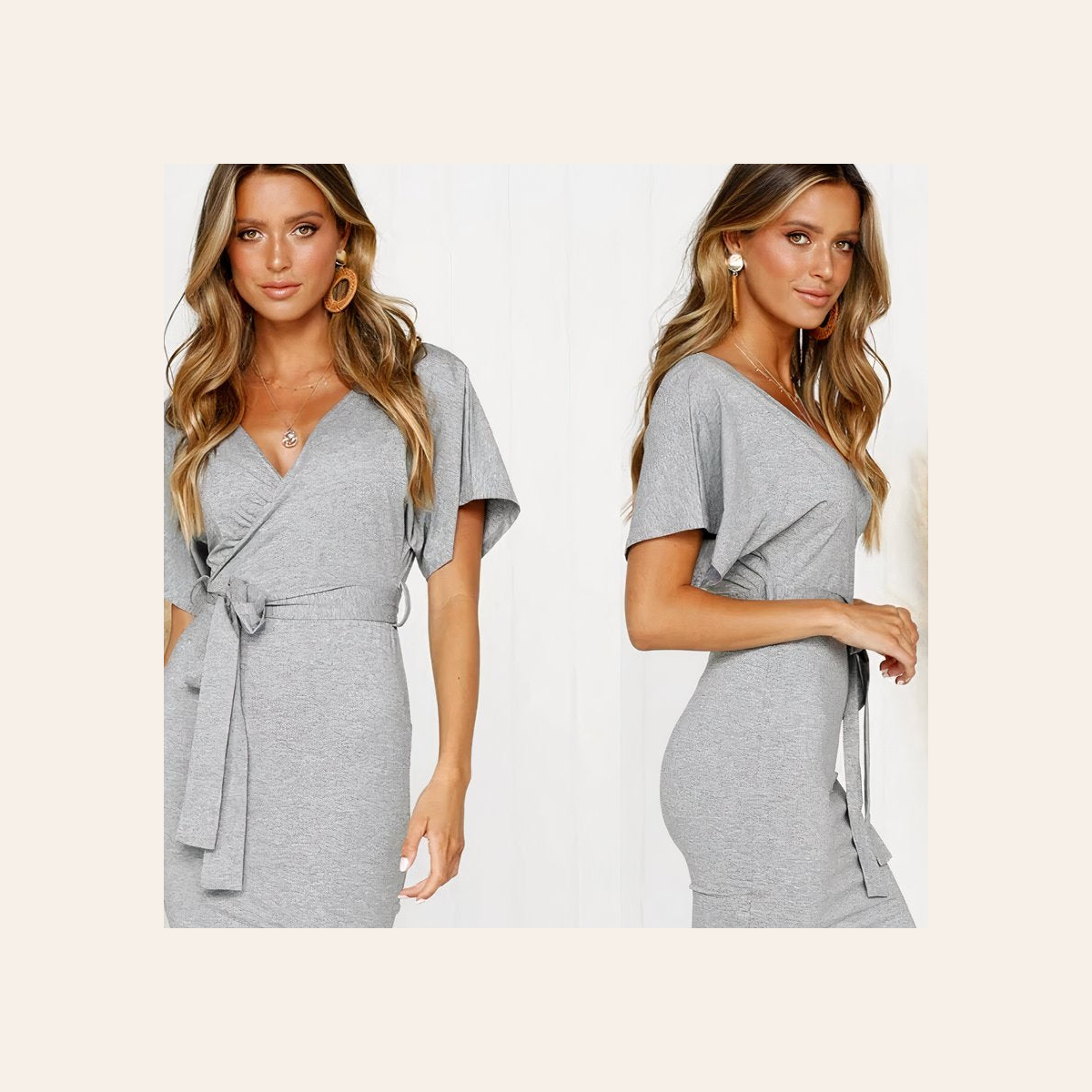 Deux angles de la nuisette sexy portefeuille grise à manches courtes