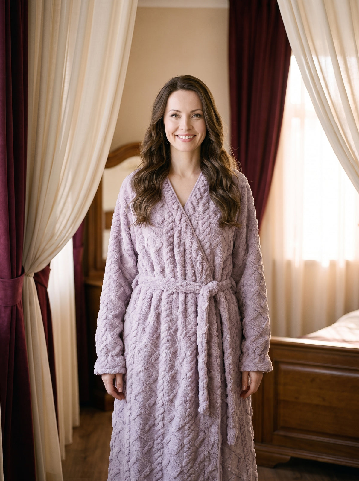 Femme brune souriante portant la robe de nuit violette, plan mi-cuisse dans un boudoir elegant