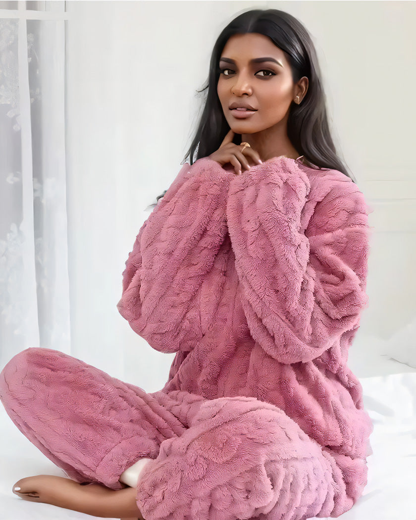 Pyjama femme d'hiver en pilou peluche, coloris rose, haut et pantalon assortis
