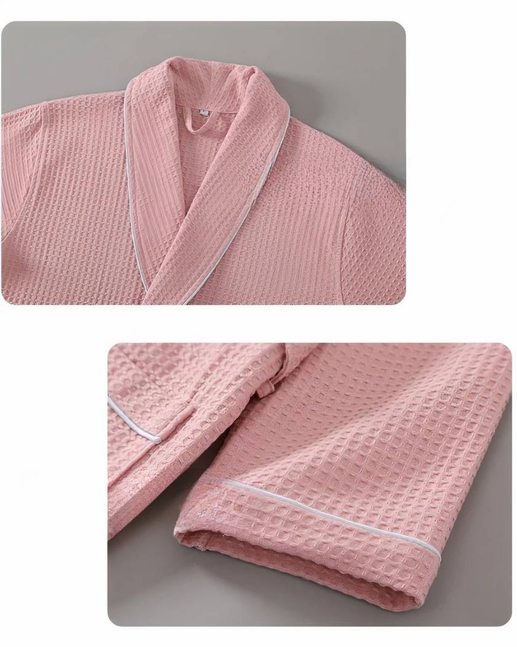 Détails du coloris rose poudré : col châle et revers de manche bordés de passepoil blanc