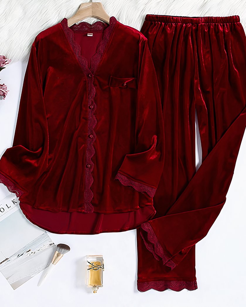 Pyjama Femme Hiver Deux Pièces avec Effet Velours coloris Rouge