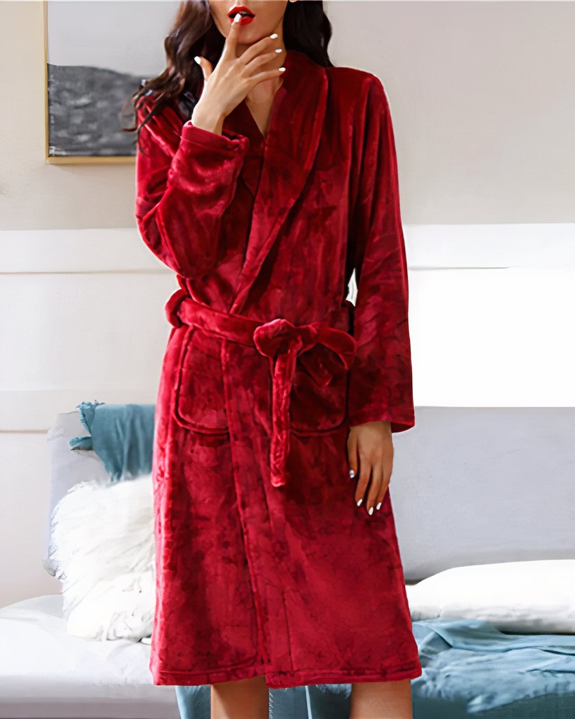 Peignoir Polaire Femme Design avec Poches et Ceinture coloris Rouge