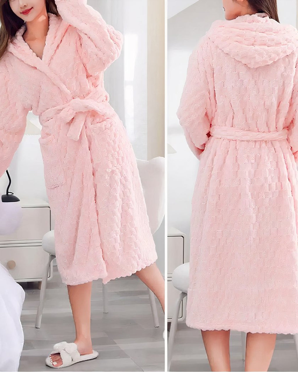 Peignoir polaire rose porte de face et de dos, texture gaufree et ceinture nouee