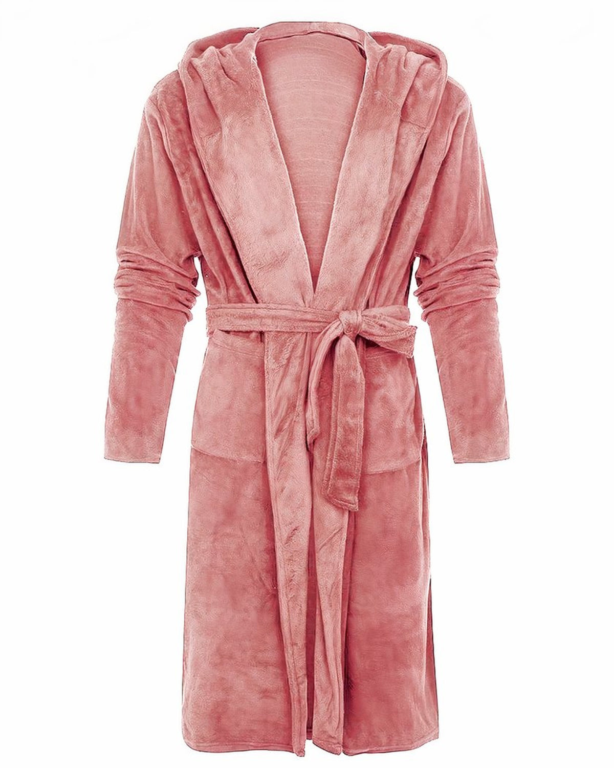 Robe de chambre a capuche rose poudre portee vue de face, mannequin invisible
