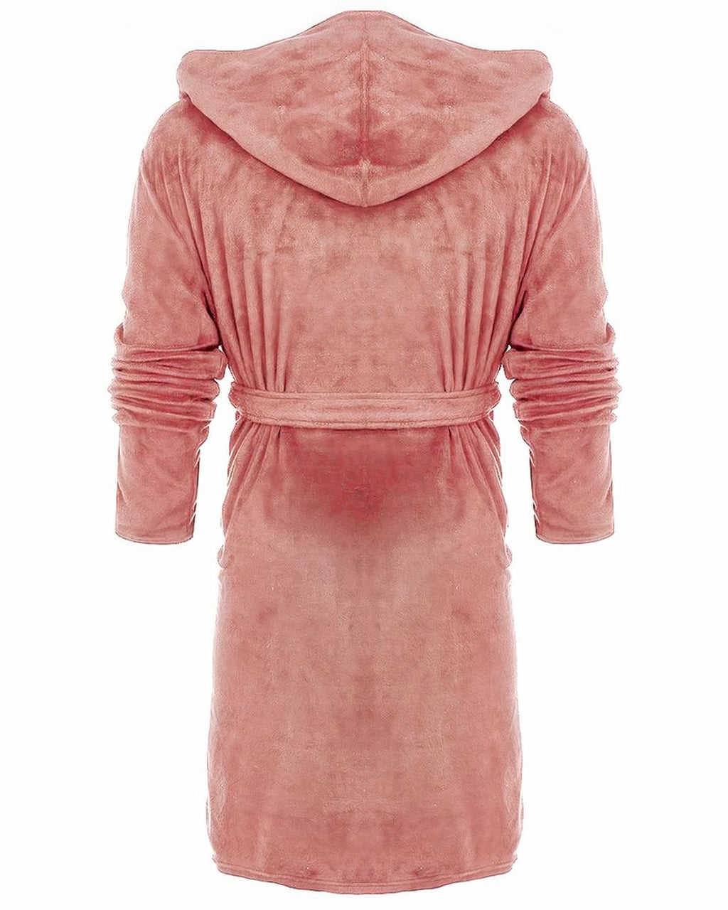 Robe de chambre a capuche rose poudre portee vue de dos, mannequin invisible, capuche et ceinture visibles