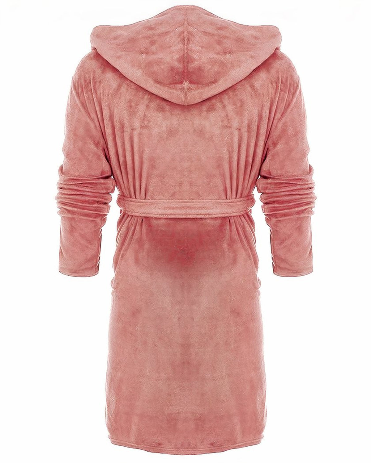 Robe de chambre a capuche rose poudre portee vue de dos, mannequin invisible, capuche et ceinture visibles