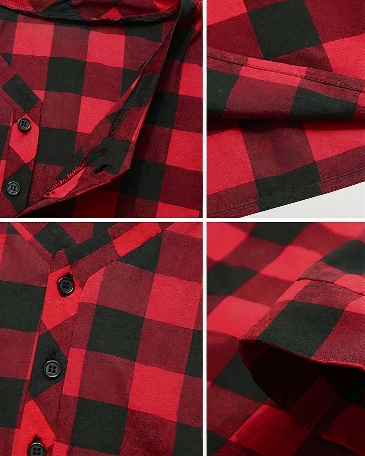 Details de la nuisette homme a carreaux rouges : boutons, coutures et ourlets