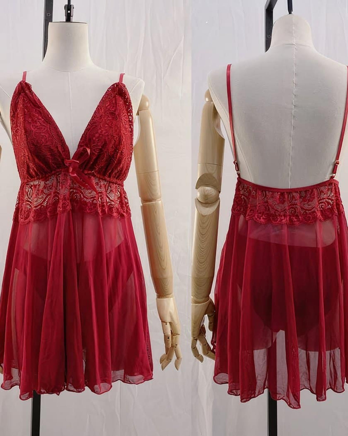 Nuisette rouge sur buste de couture, vue de face et de dos