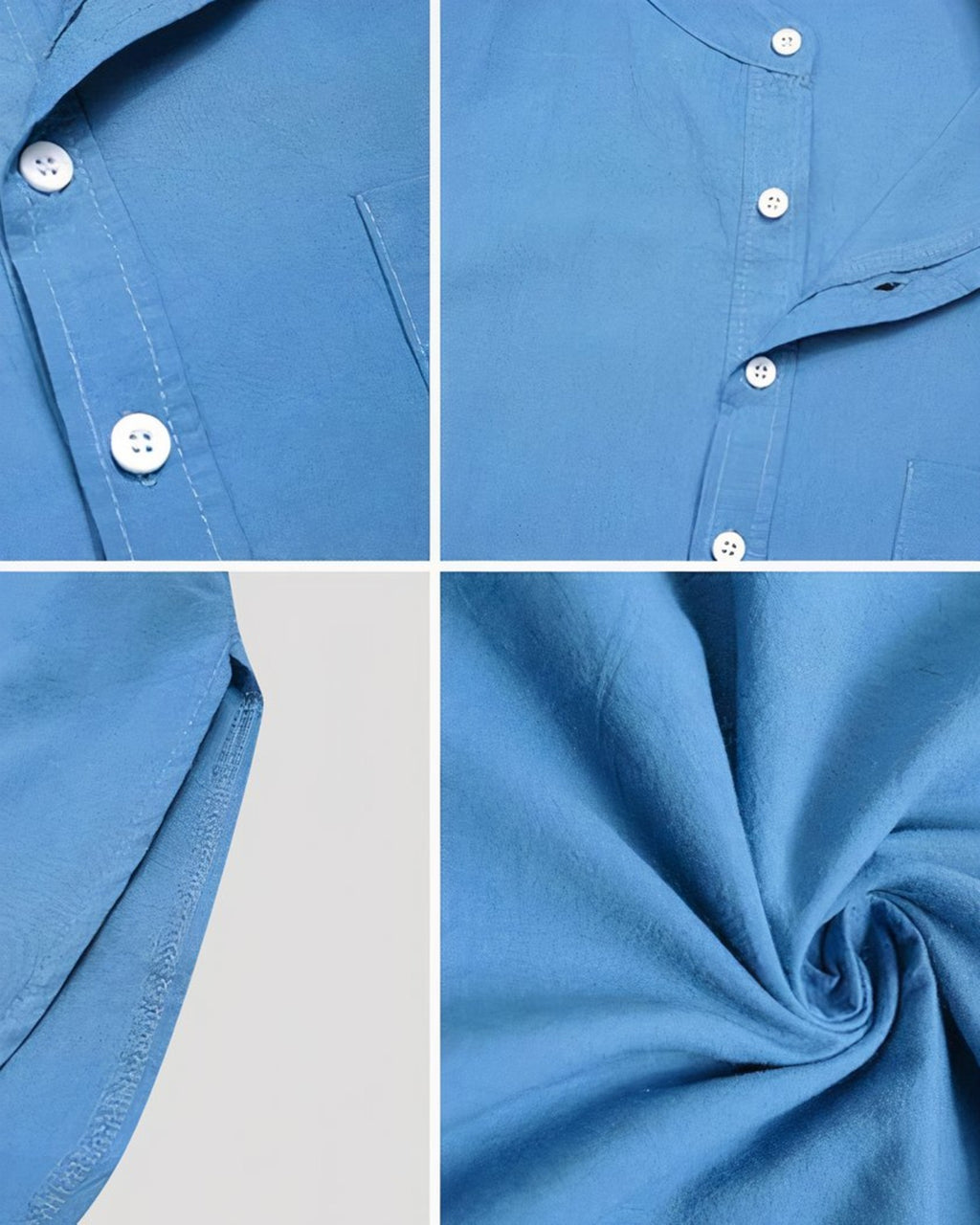 Détail des boutons blancs, coutures et texture du coton bleu