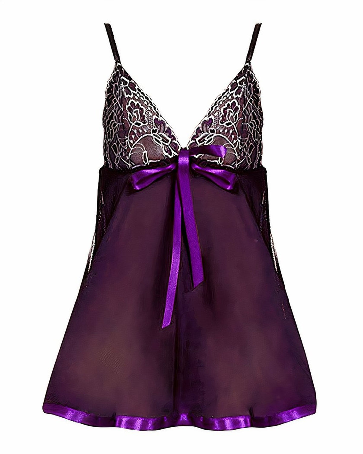 Nuisette violette presentee sur mannequin invisible, vue de face, dentelle brodee, noeud en satin et ourlet brillant