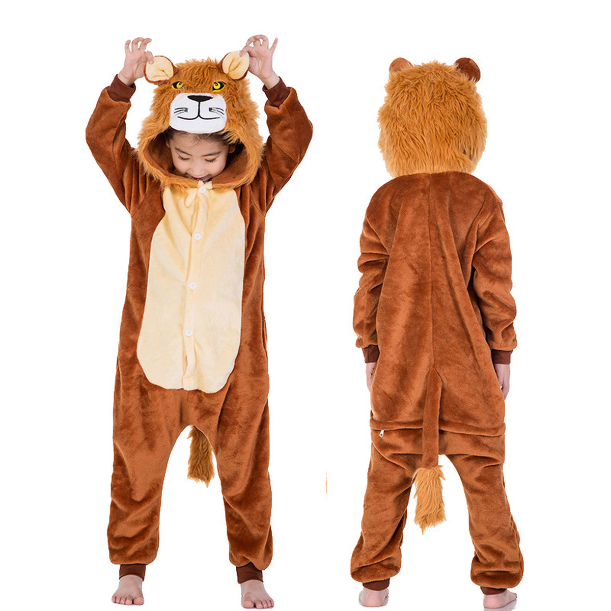 Combinaison pyjama enfant lion brun, vues de face et de dos