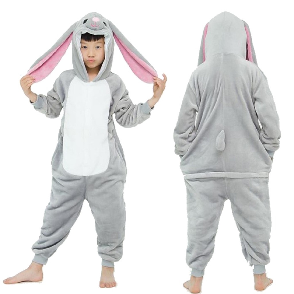 Combinaison pyjama enfant lapin gris, vues de face et de dos