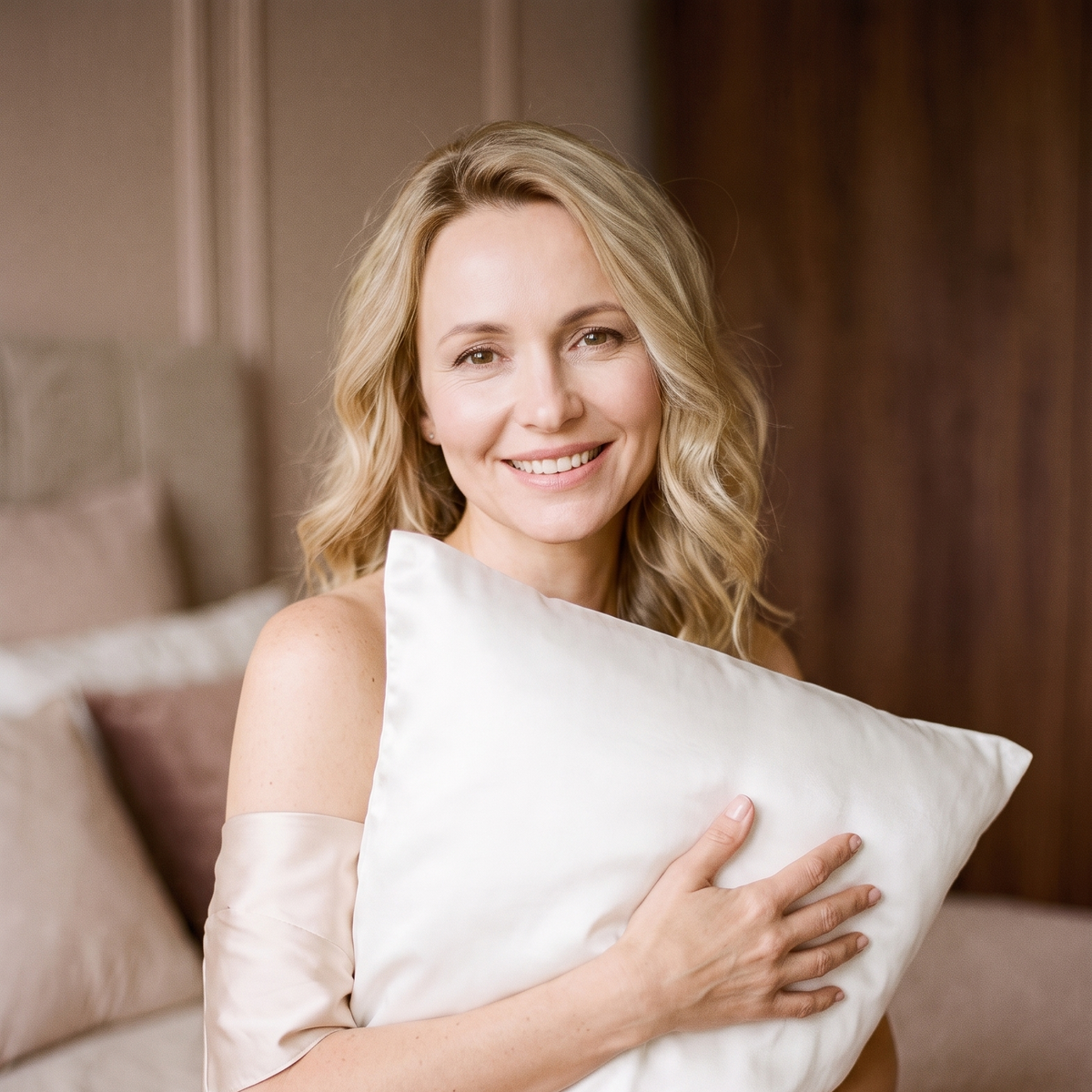 Femme souriante tenant la taie d’oreiller blanche dans une chambre boudoir