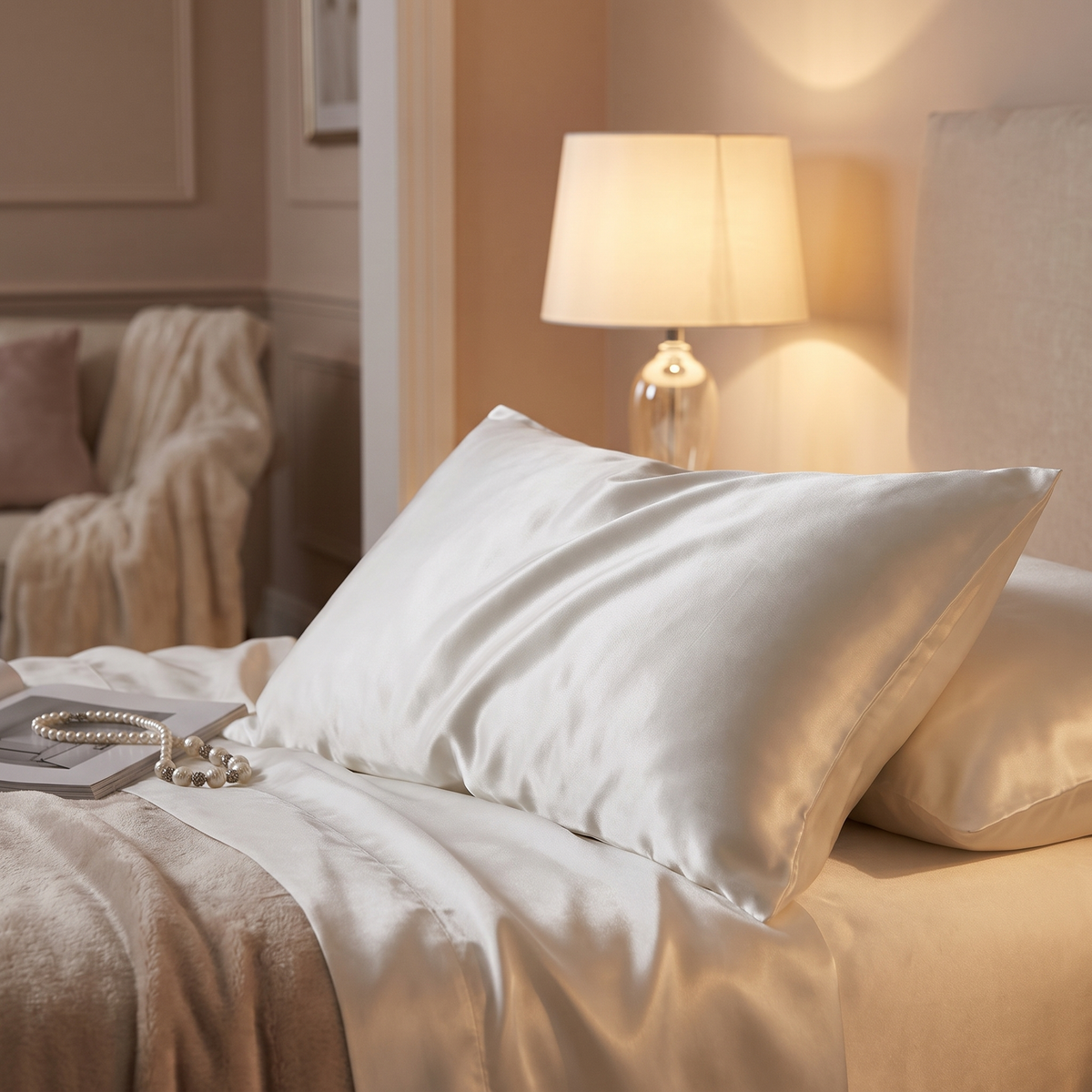 Taie d’oreiller blanche près d’une lampe de chevet allumée