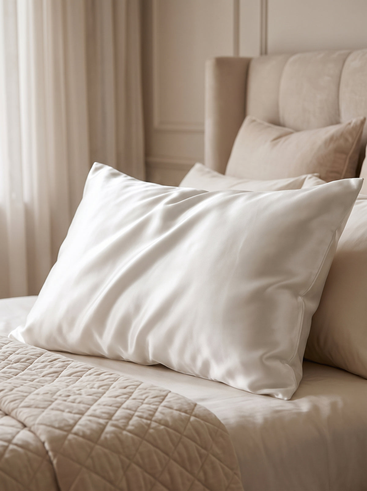 Taie d’oreiller blanche posée sur un lit dans une chambre boudoir lumineuse