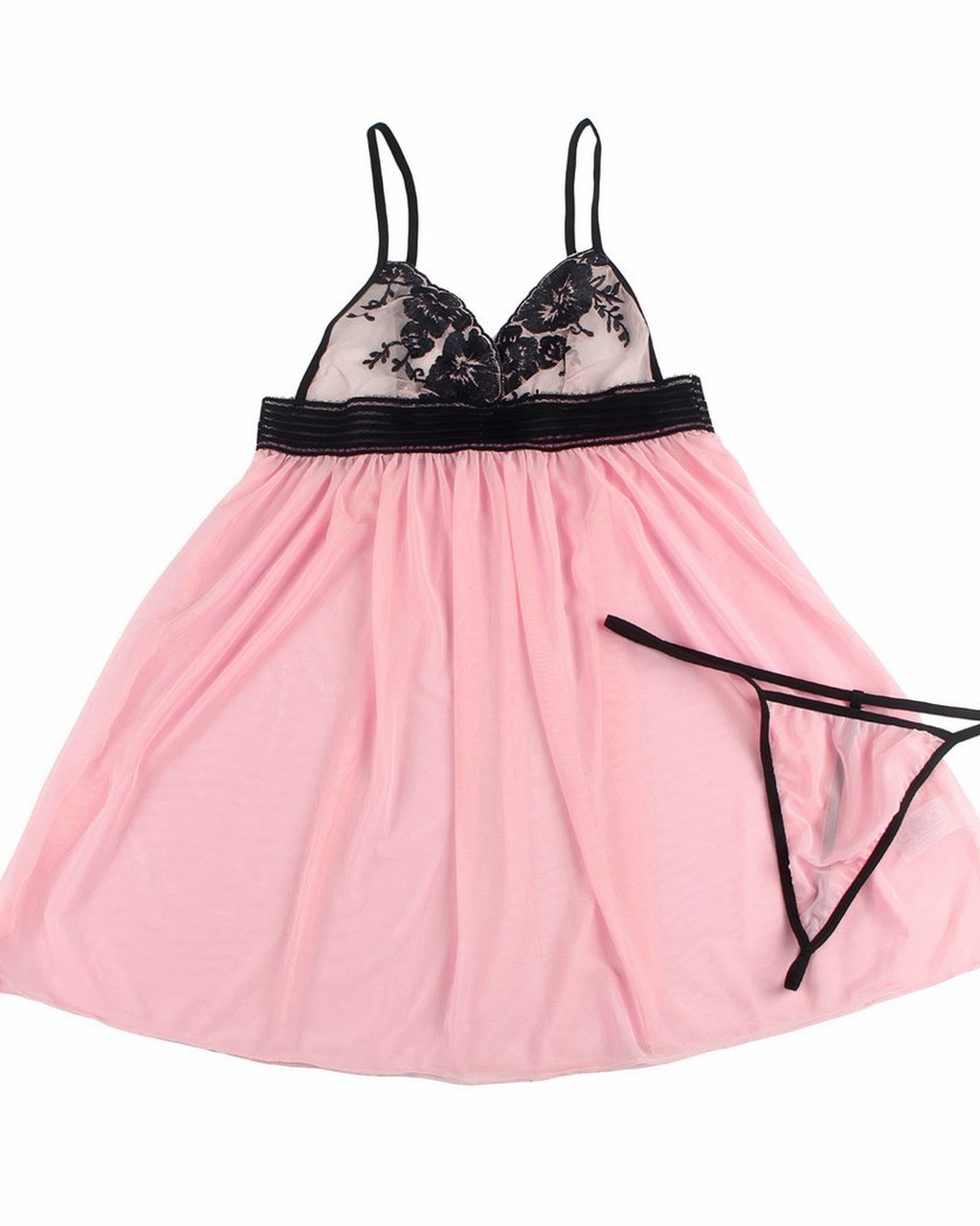 Nuisette grande taille rose et noire en dentelle portée, vue de face en pied