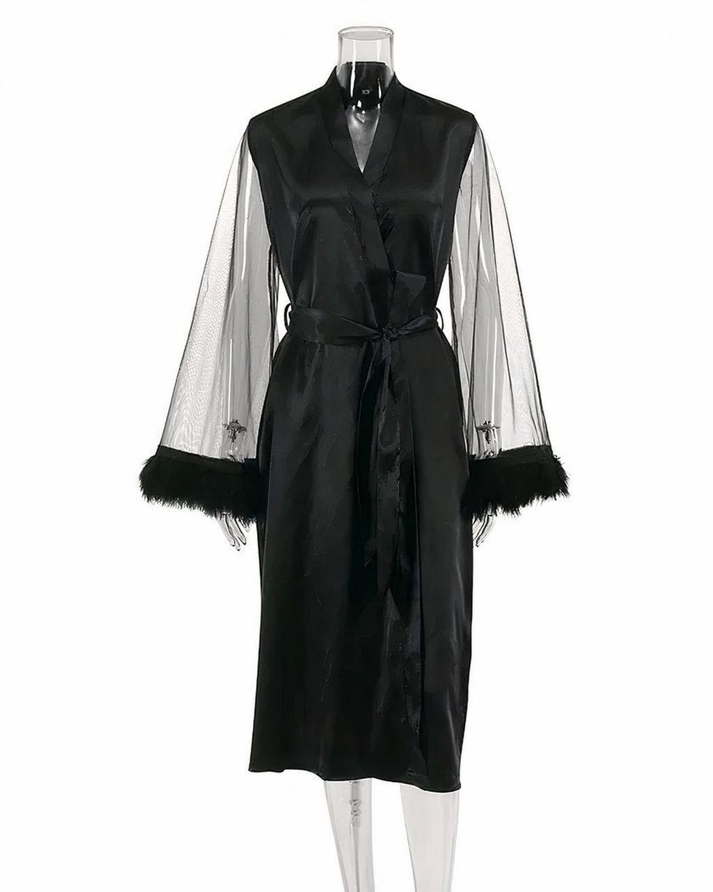 Robe de chambre satinée noire, coupe portefeuille et ceinture à nouer