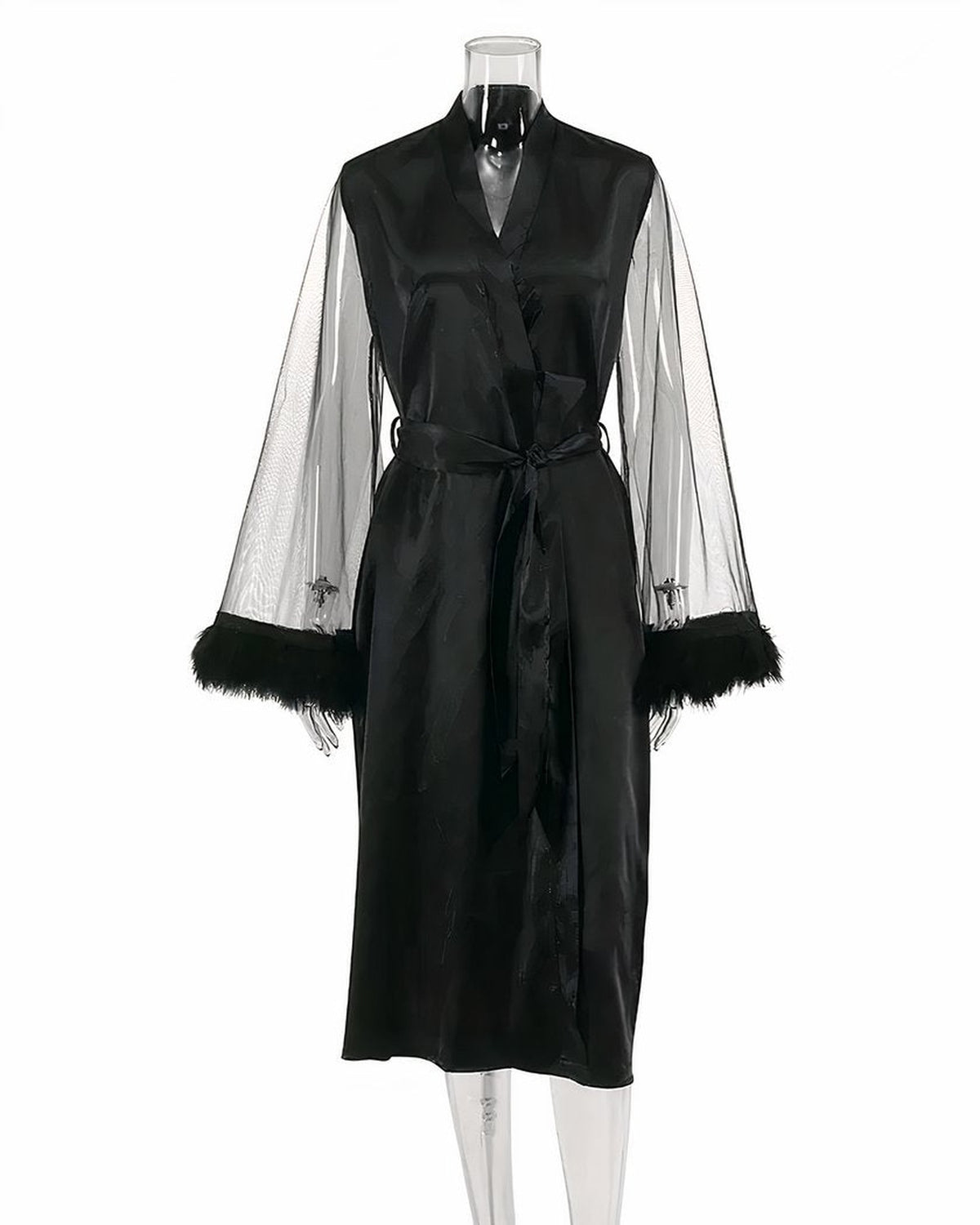 Robe de chambre satinée noire, coupe portefeuille et ceinture à nouer