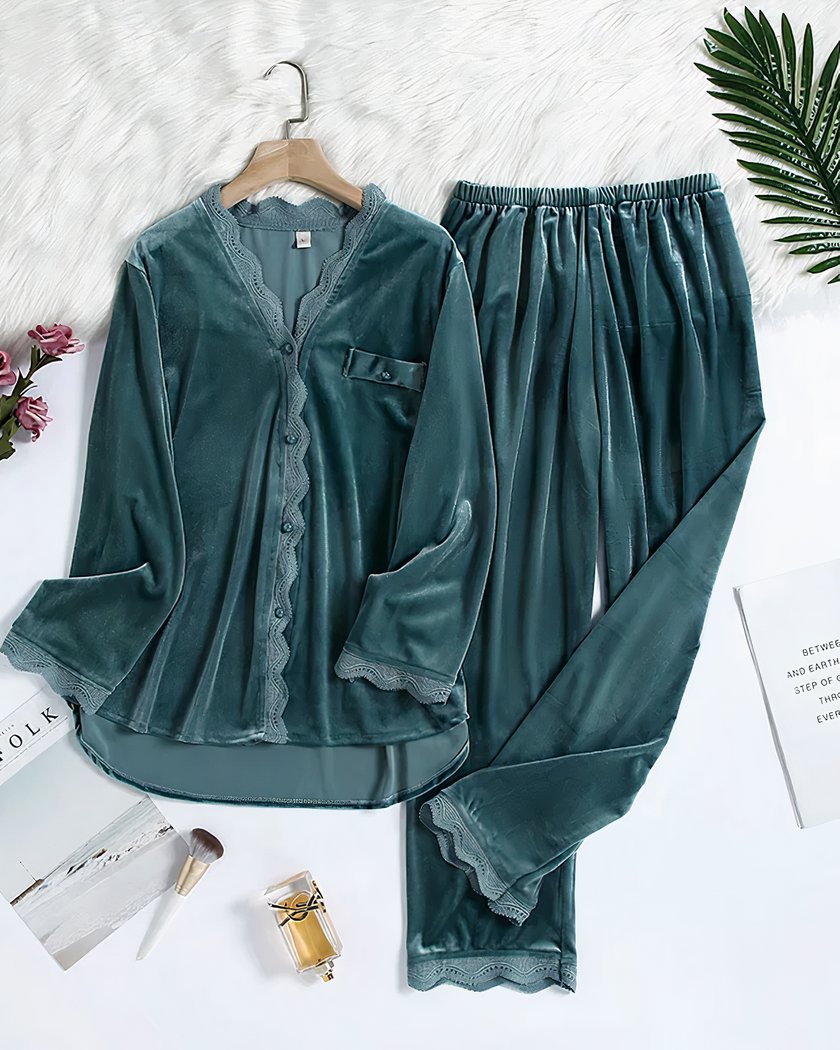 Pyjama Femme Hiver Deux Pièces avec Effet Velours coloris Vert
