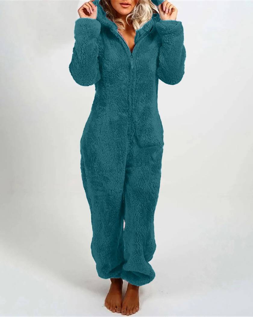 Combinaison pyjama en polaire teddy, coloris vert canard, capuche à oreilles