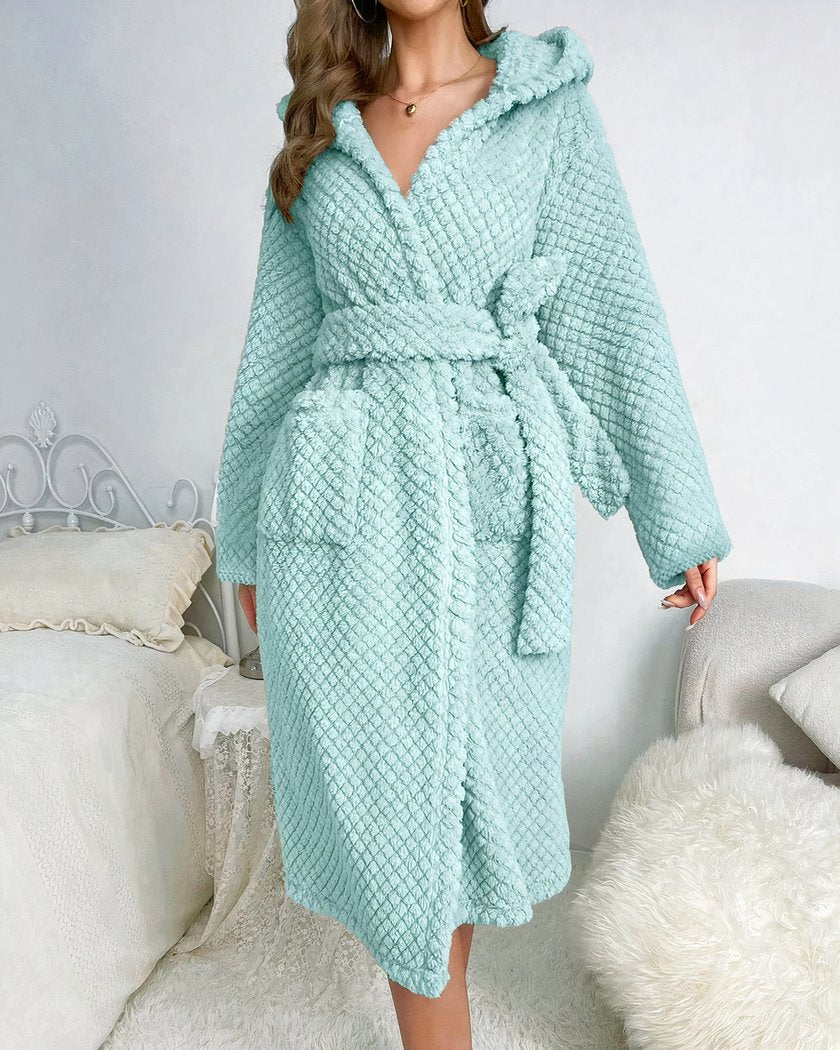 Peignoir spa à capuche en maille gaufrée, coloris vert d'eau, ceinture nouée