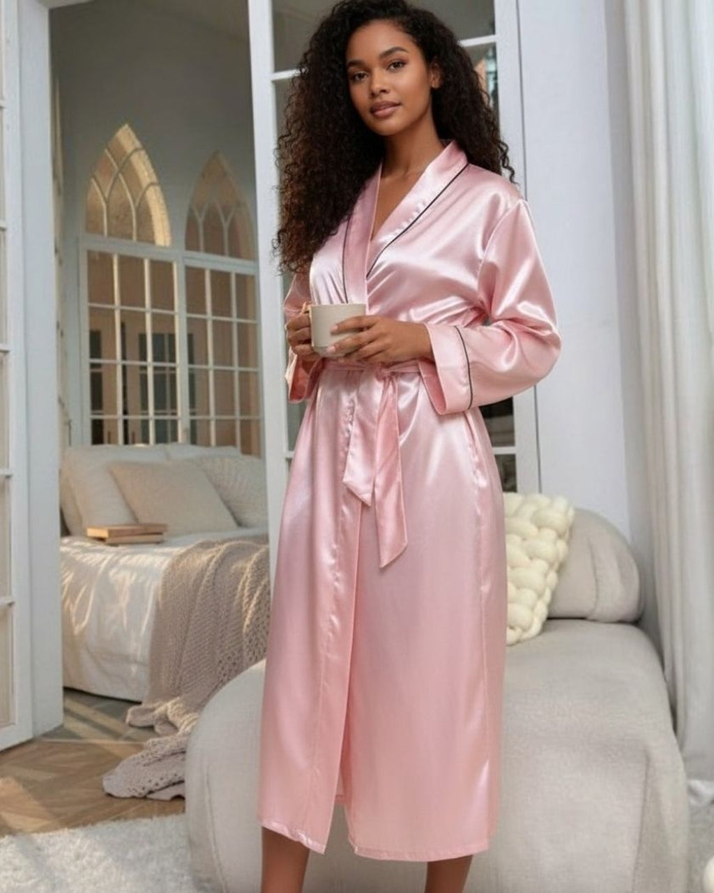Le peignoir rose poudré porté, revers croisé et ceinture nouée