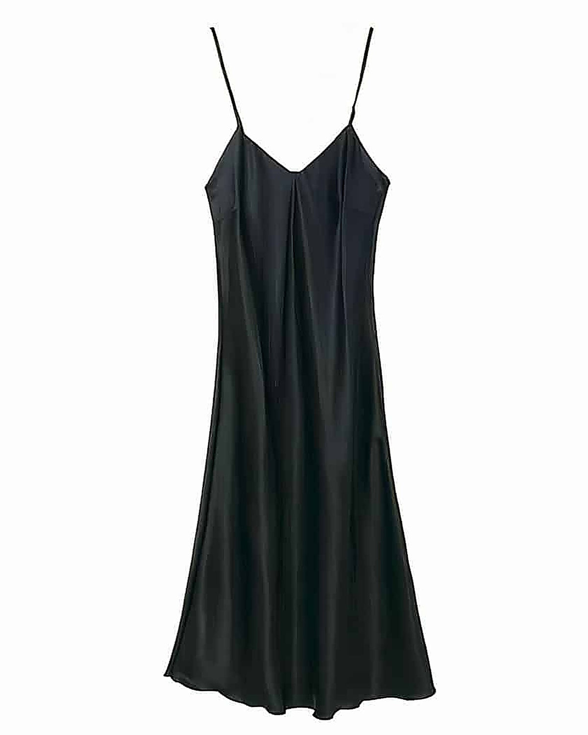 Nuisette longue en satin noir présentée à plat, décolleté en V