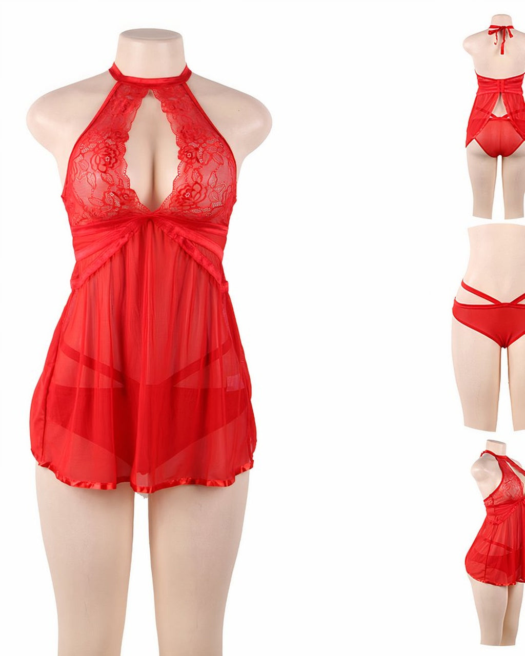 Nuisette rouge sur mannequin, vues de face et de dos avec sa culotte assortie