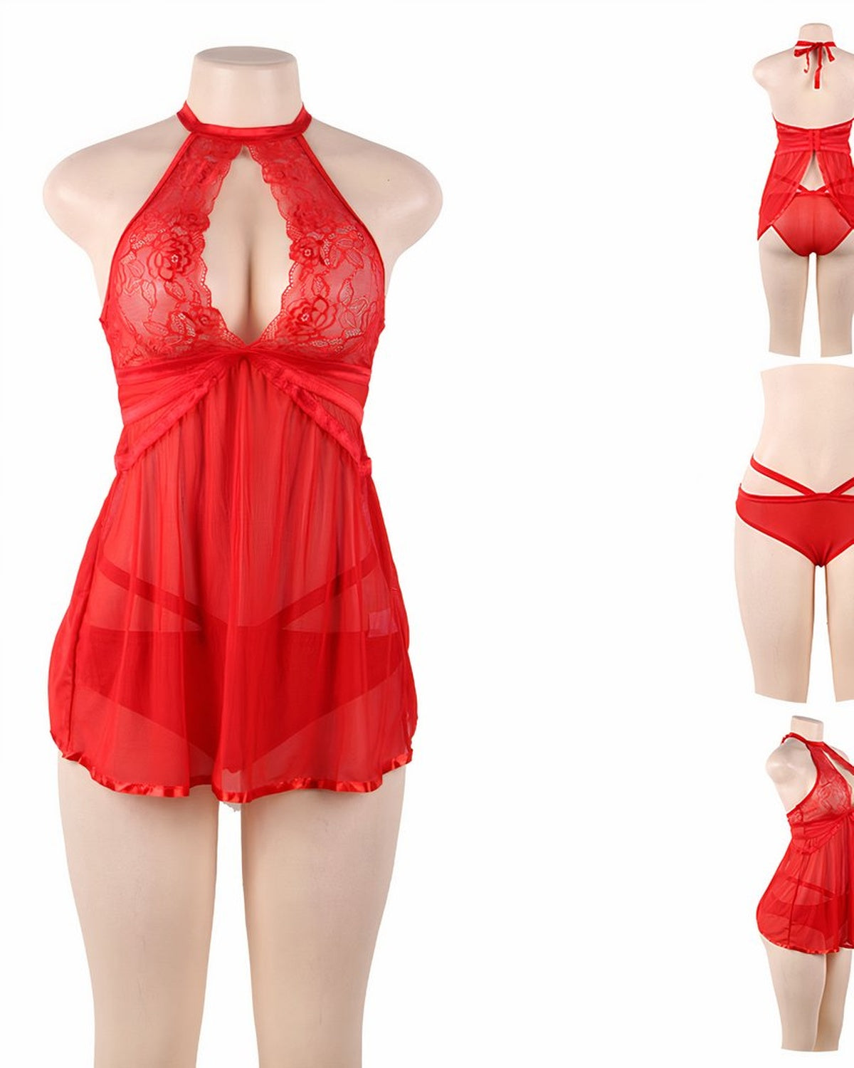Nuisette rouge en dentelle à décolleté ouvert sur fond blanc