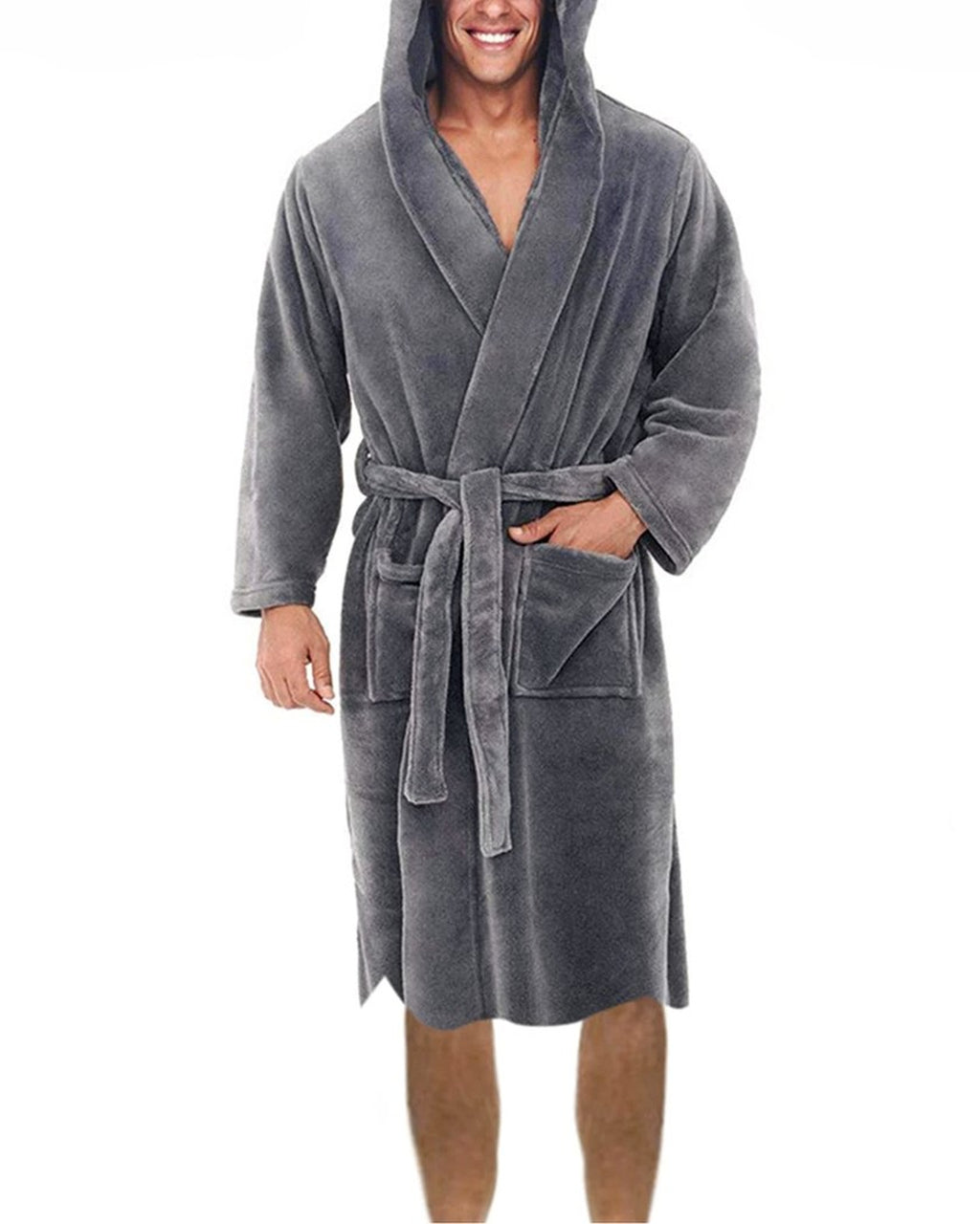 Peignoir homme gris à capuche en polaire veloutée, vue de face, capuche rabattue