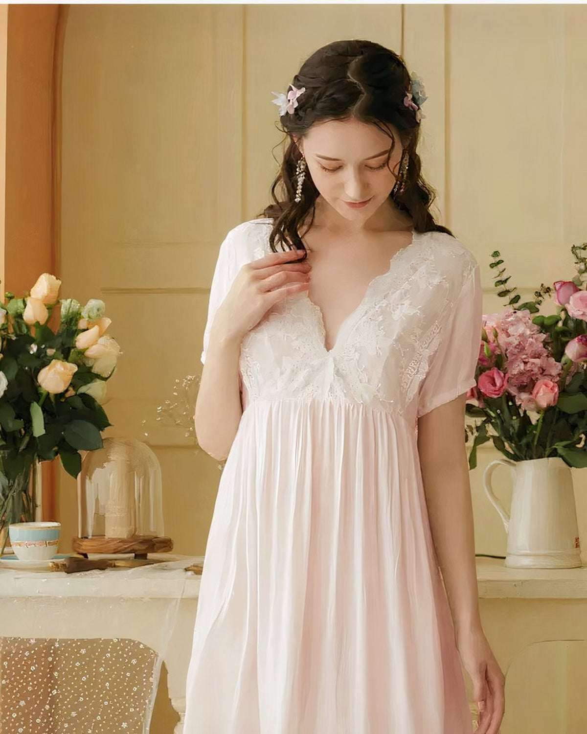 Chemise de nuit longue rose à dentelle blanche portée, vue de face