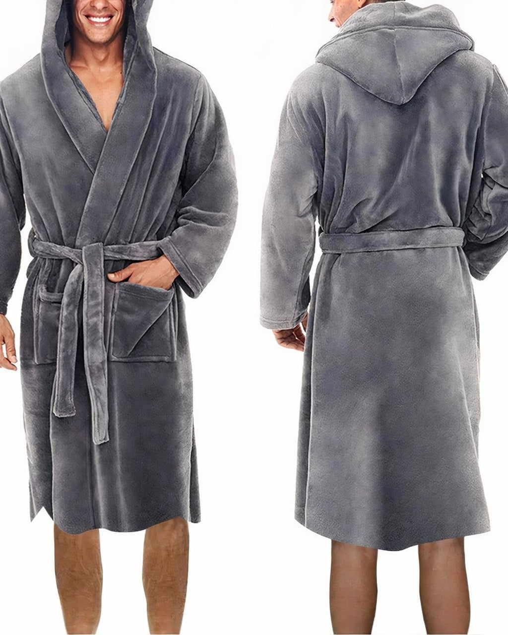 Peignoir homme gris en polaire, vues de face et de dos côte à côte