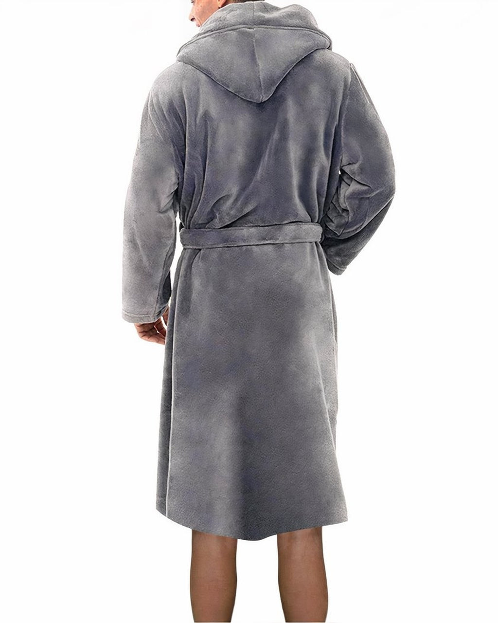 Peignoir homme gris en polaire vu de dos, capuche et ceinture visibles