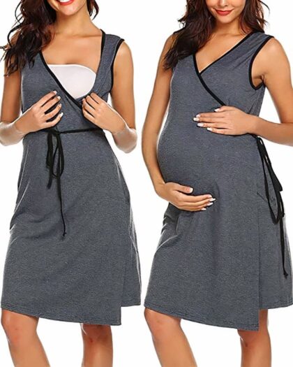 L'image est séparée en deux : on voit une jeune femme brune qui porte une nuisette grise de maternité, coupe cache-coeur.