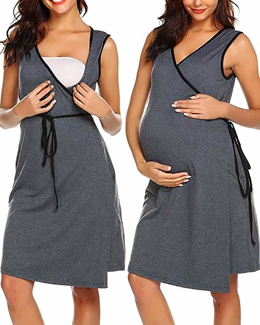 L'image est séparée en deux : on voit une jeune femme brune qui porte une nuisette grise de maternité, coupe cache-coeur.