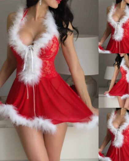 Photo d'une femme portant une nuisette rouge avec de la fausse fourrure blanche esprit de noel vue de différentes facons