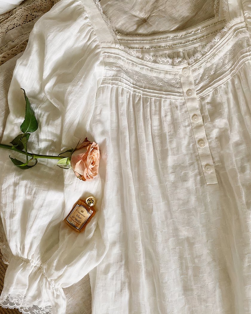 Robe en coton blanc avec une rose et un petit flacon posés dessus.