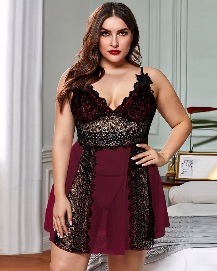 Nuisette transparente grande taille rouge bordeaux et dentelle