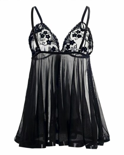 Nuisette noire transparente à dentelle